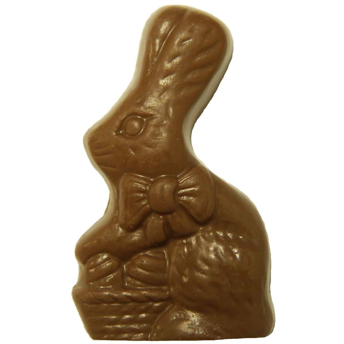 Chocolate bunny with a bow tie on a white background.
