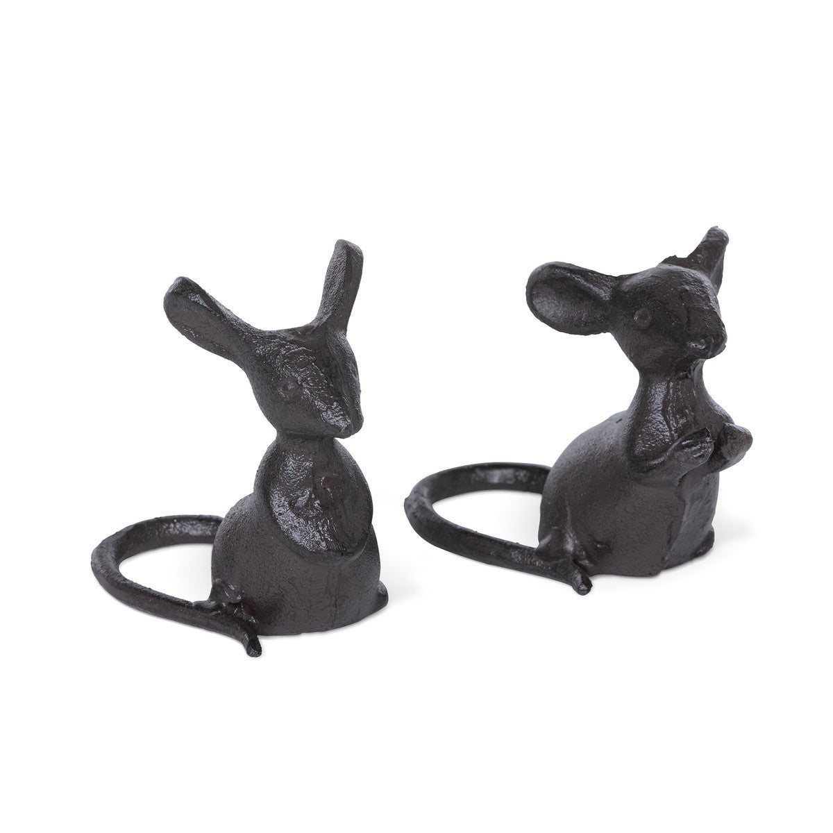 Two cast iron black mice on a white background.