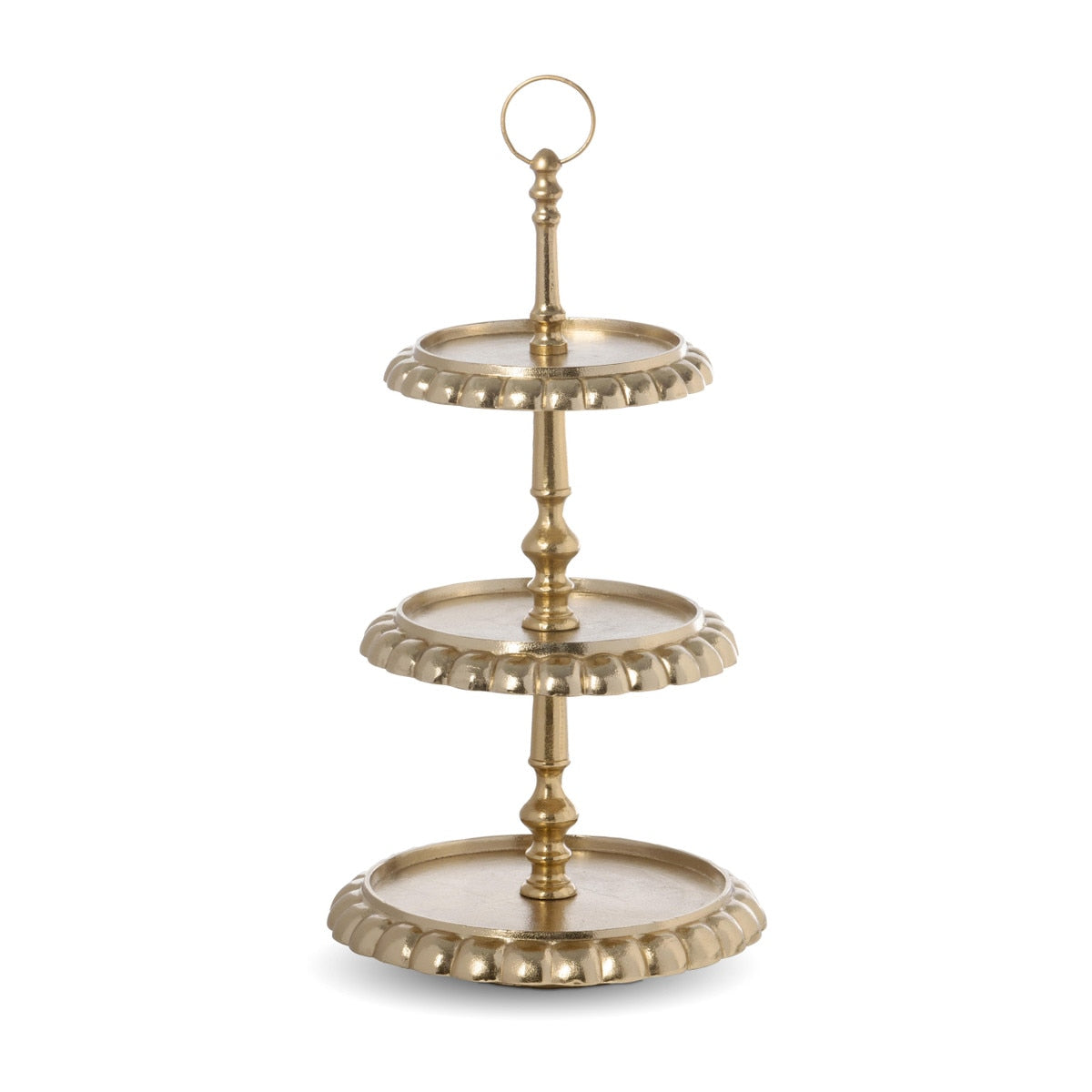 Three-tiered gold cake stand on a white background