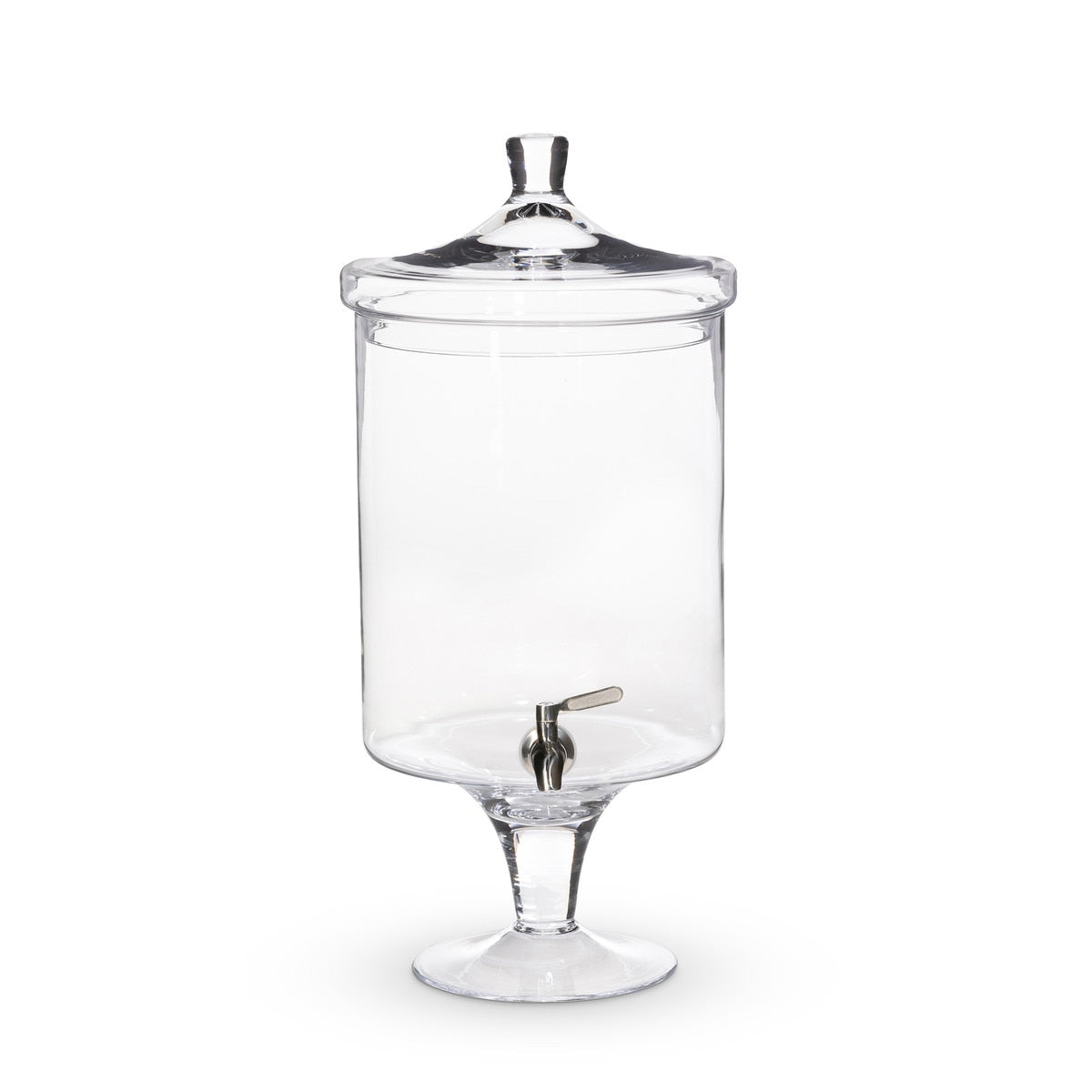 Clear glass beverage dispenser with a lid on a white background.