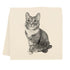 Illustration of a seated tabby cat on an Eric & Christopher Izzy Tea Towel with a pale background.