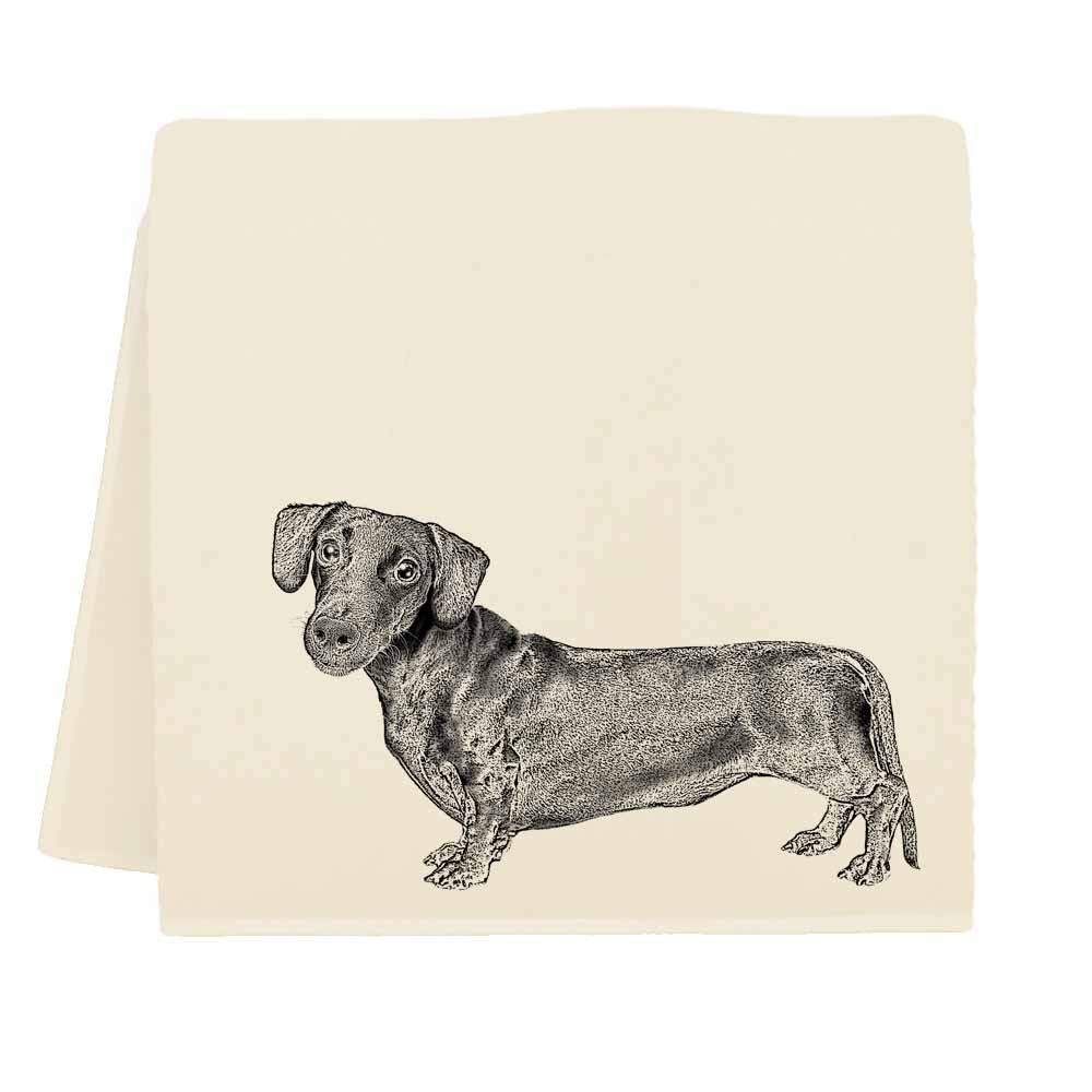A black and white drawing of a dachshund on an Eric &amp; Christopher Dachshund Tea Towel.