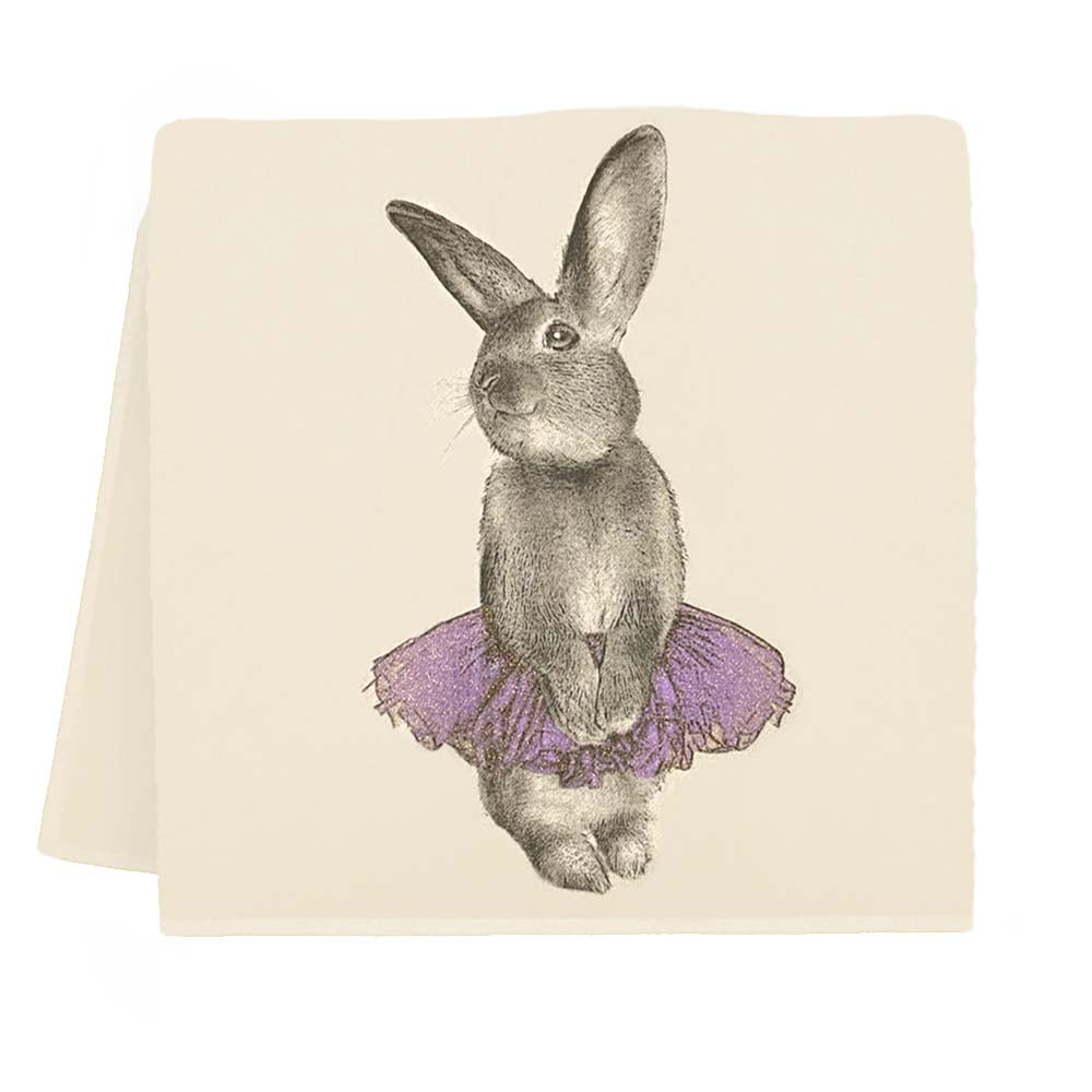 A drawing of a bunny in a purple tutu on an Eric &amp; Christopher Bunny Purple Tutu Tea Towel made of sustainable cotton.
