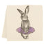 A drawing of a bunny in a purple tutu on an Eric & Christopher Bunny Purple Tutu Tea Towel made of sustainable cotton.