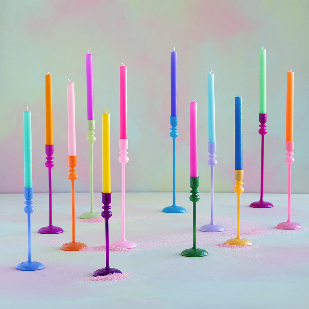 Four sets of colorful straws arranged diagonally with labels &quot;cool tones,&quot; a Rainbow Taper Candle Boxed Set of 4, and &quot;warm tones&quot; on a pastel background by Glitterville.