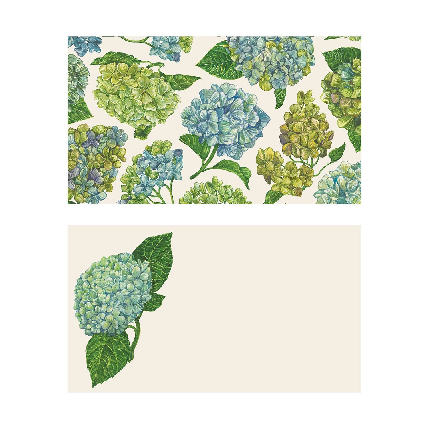 Two illustrated note card designs on a cream background. The top card features an all-over, seamless pattern of lush hydrangeas in shades of blue, green, and chartreuse with rich green leaves. The bottom card has a clean layout with a single, large blue-green hydrangea stem and dark green leaves placed on the left-hand side, leaving the remaining space blank.