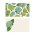 Two illustrated note card designs on a cream background. The top card features an all-over, seamless pattern of lush hydrangeas in shades of blue, green, and chartreuse with rich green leaves. The bottom card has a clean layout with a single, large blue-green hydrangea stem and dark green leaves placed on the left-hand side, leaving the remaining space blank.
