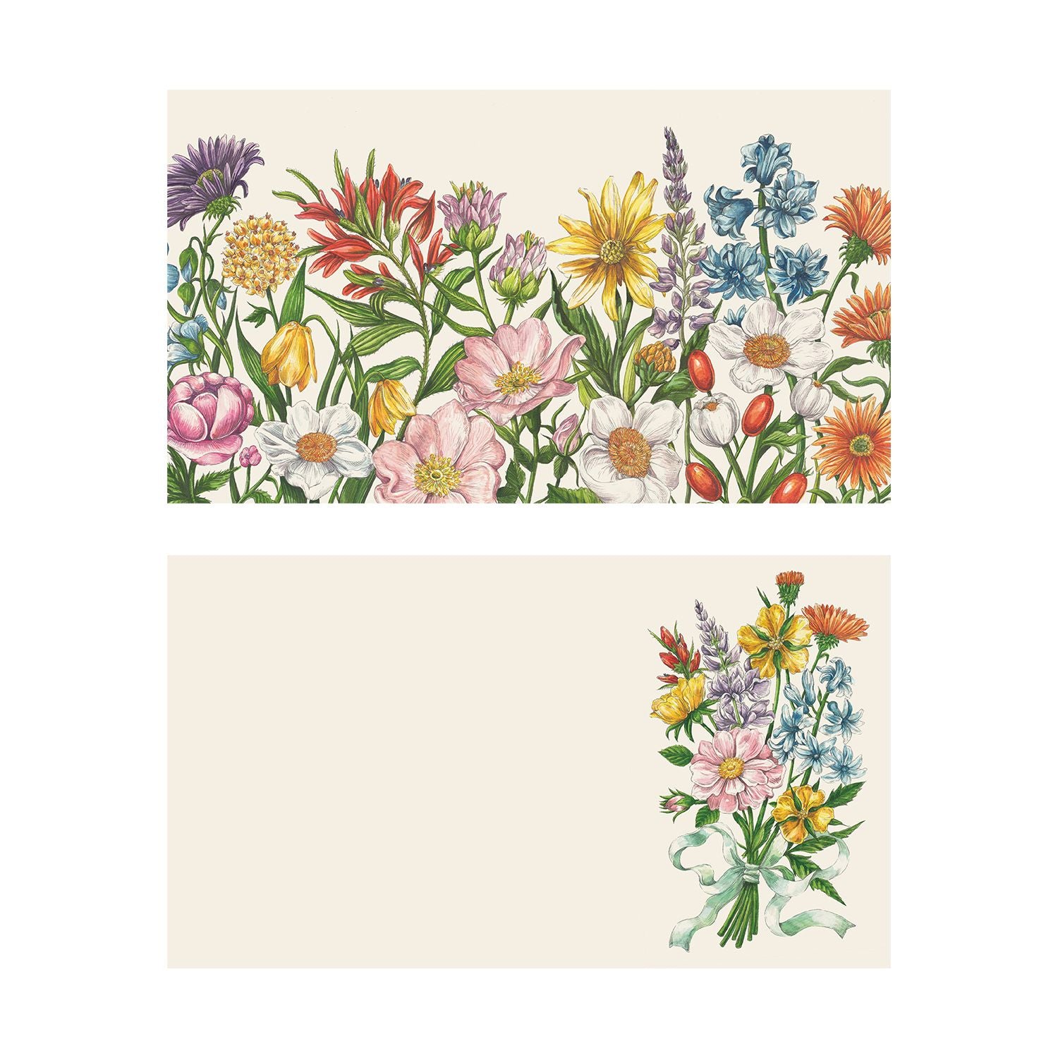 Two illustrated note card designs on a cream background. The top card features a dense, vibrant garden border of mixed blooming wildflowers in shades of pink, yellow, blue, red, and orange along the bottom edge. The bottom card has a clean layout showcasing a small, colorful bouquet of matching wildflowers tied with a pale blue ribbon placed on the right-hand side, leaving the remaining space blank.