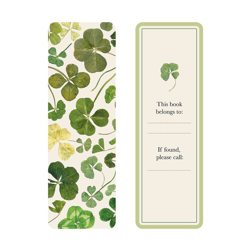 A bookmark with pressed clover design on one side and a place for personalization on the other. 