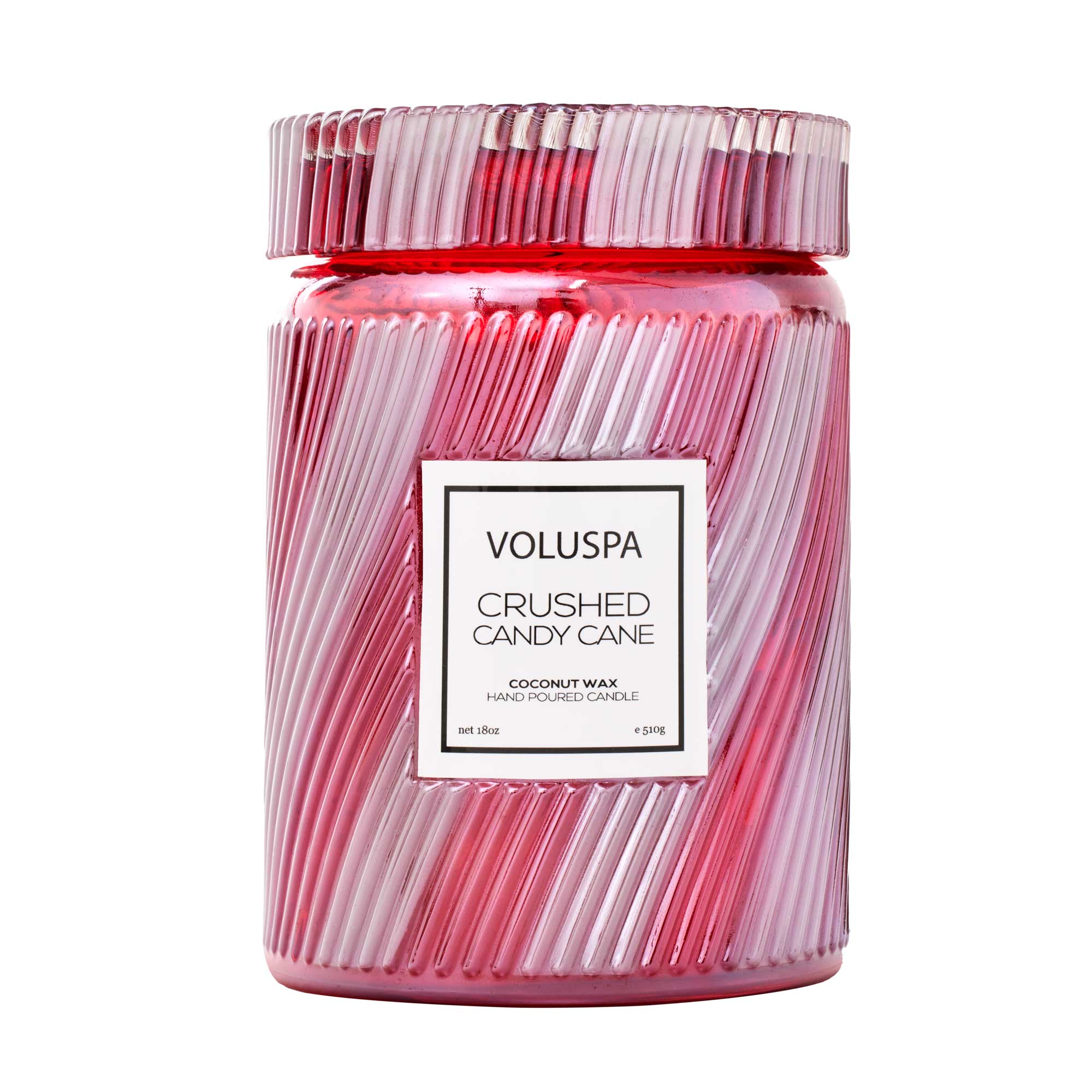 Red and white candy striped glass candle in 18oz. size