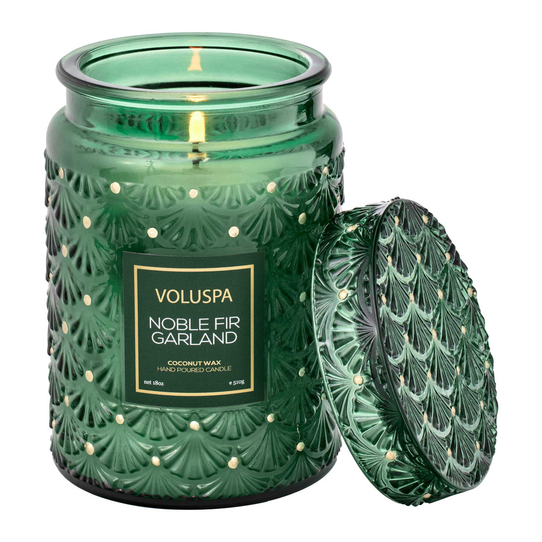 Green glass Noble Fir Garland Candle in 18oz size.