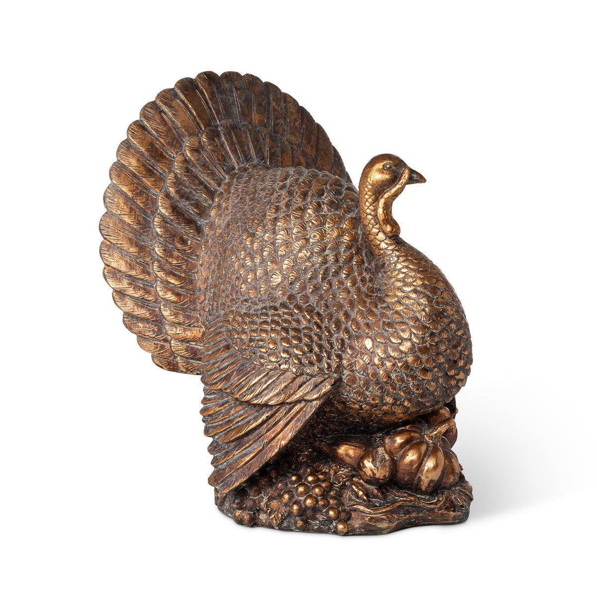 A side view of the Antique Bronze Turkey showing its detailed, fanned out tail fathers and pumpkins at its feet.