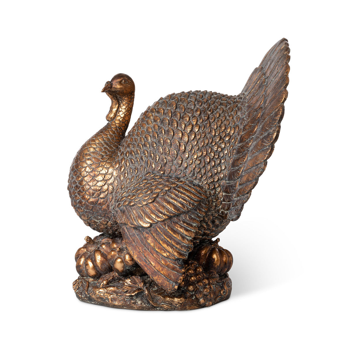 A side view of the Antique Bronzed Turkey showing its fanned out tail feathers, detailed carved feathers and base with pumpkins.