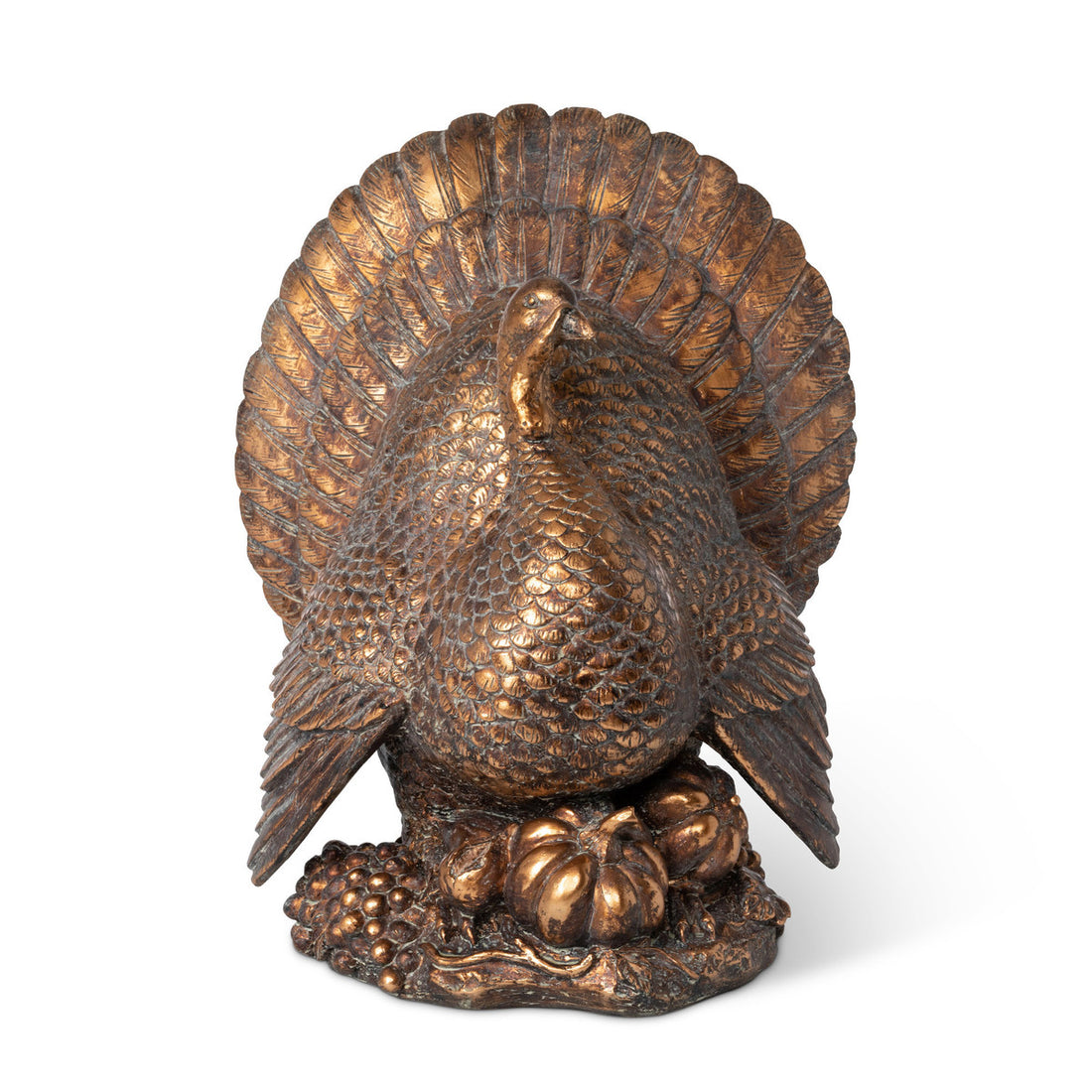 The Antiqued Bronze Turkey Centerpiece with intricate detailing, tail fanned out and pumpkins at its feet.