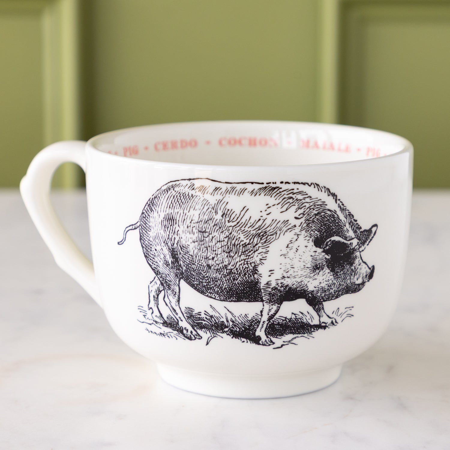 White mug with black pig illustration with &quot;pig&quot; in different languages in red text around the inside rim.