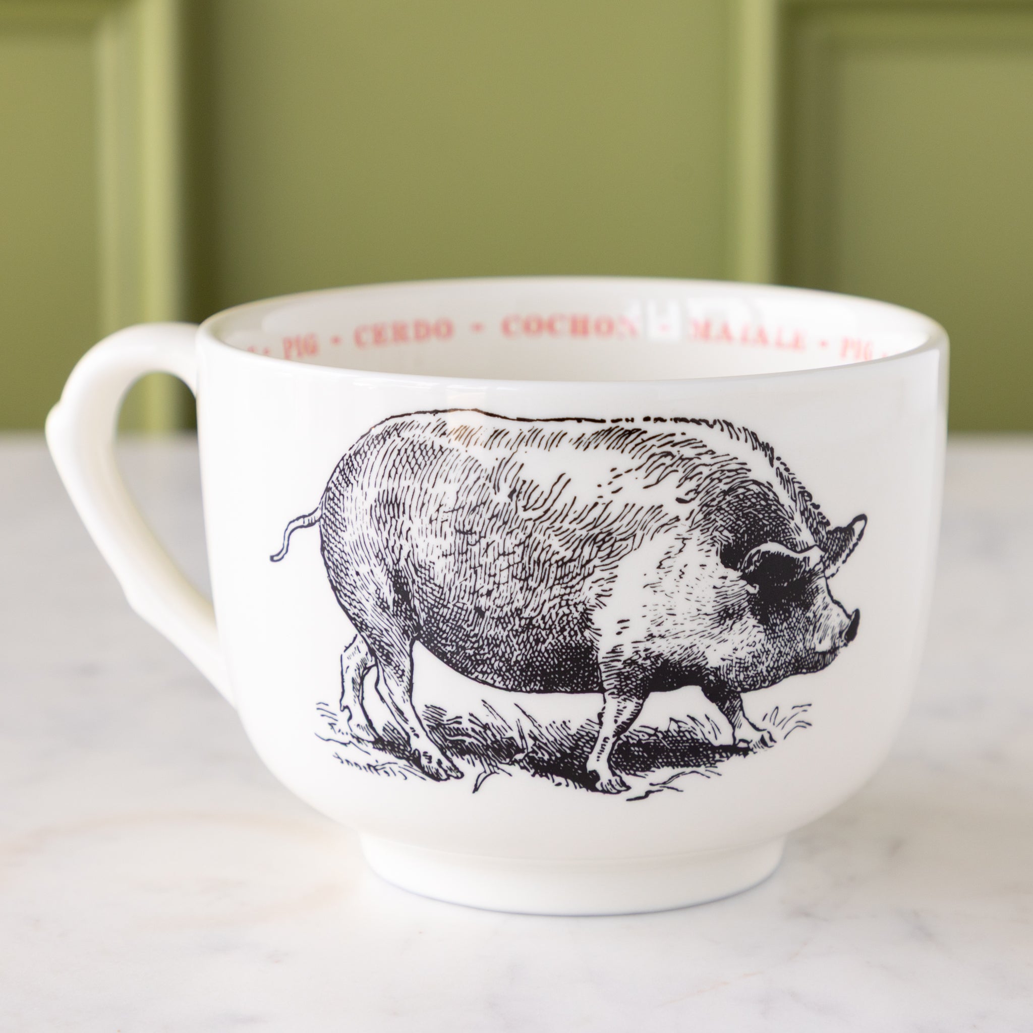 White mug with black pig illustration with &quot;pig&quot; in different languages in red text around the inside rim.