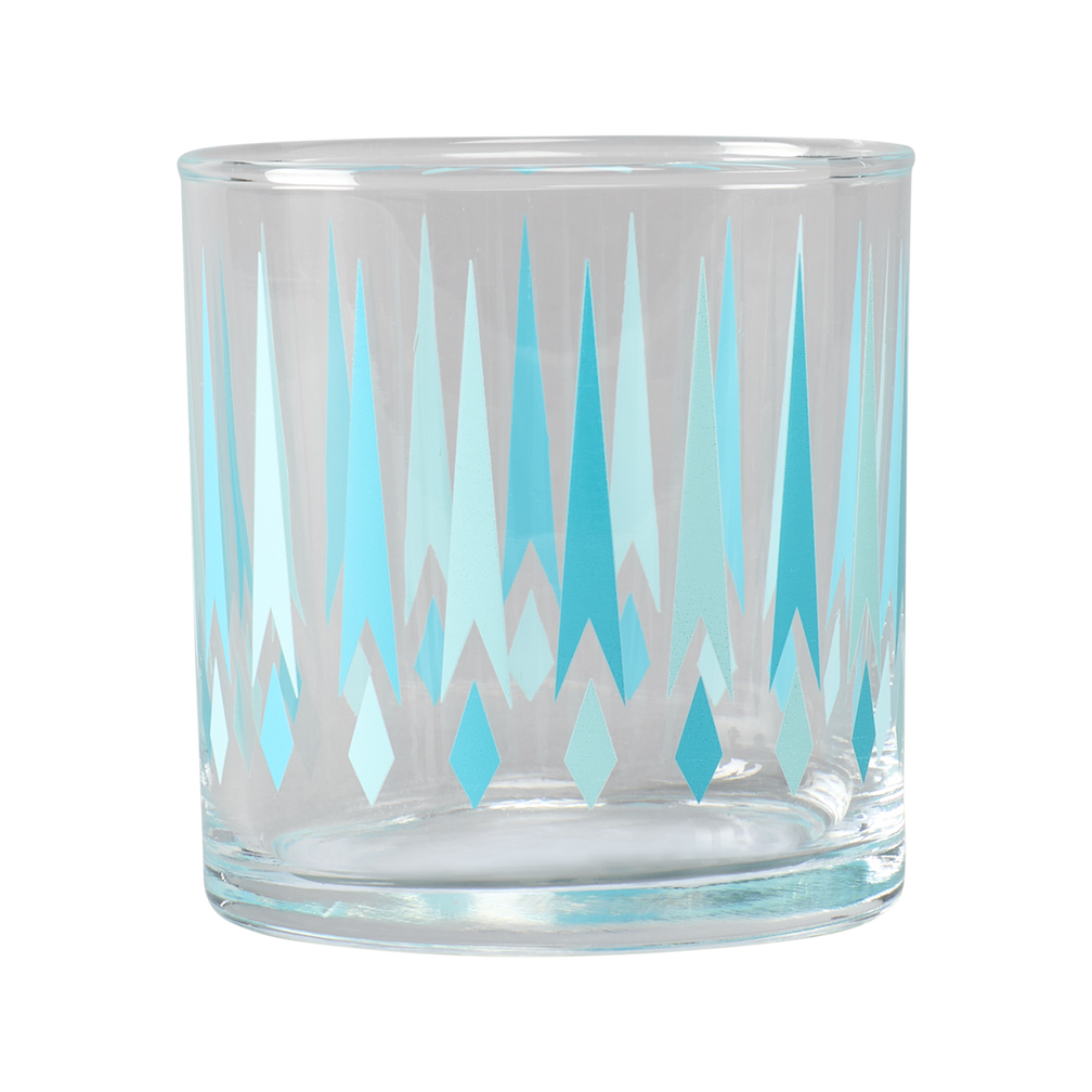 Clear glass candle holder with blue geometric pattern on a white background
