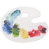 A paint palette styled plate with watercolor swatches of blue, green, yellow, red, and purple on a white background.
