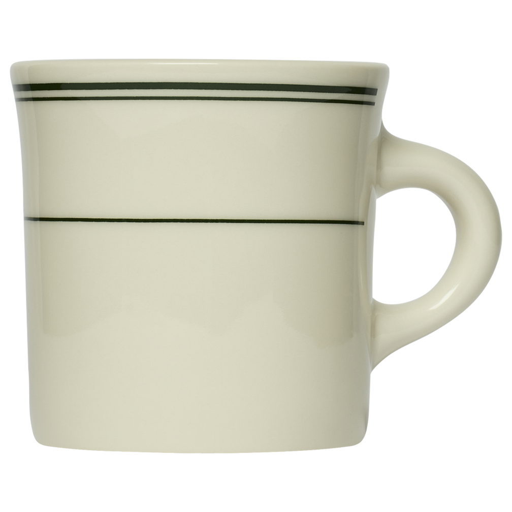 Beige mug with green stripes on a white background