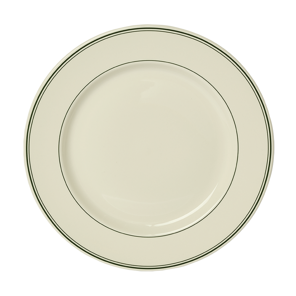 Beige plate with a green rim on a white background