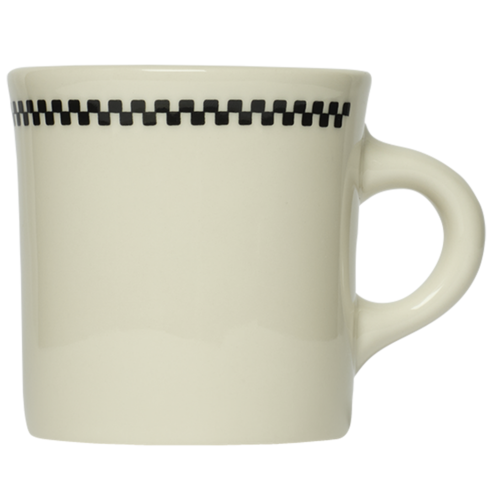 White mug with black checkered pattern on a white background