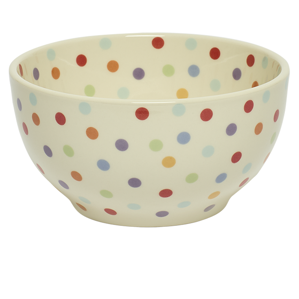 Ceramic bowl with multicolored polka dot pattern on a white background