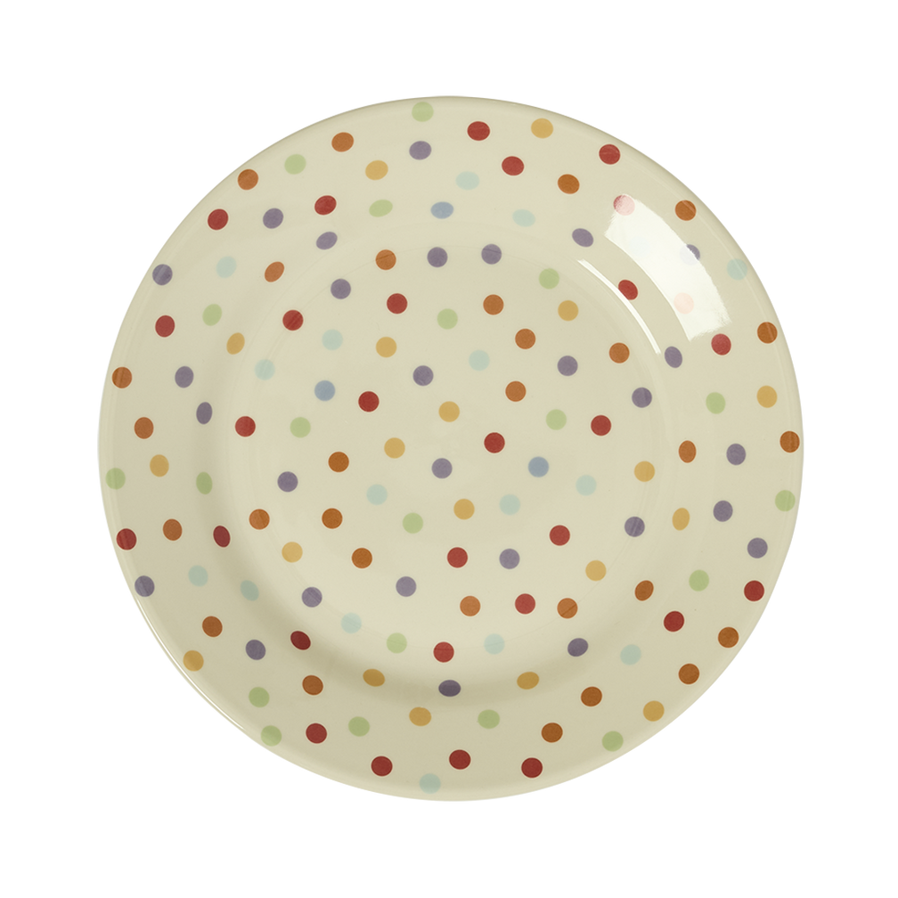 Round ceramic plate with multicolored polka dot pattern on a white background