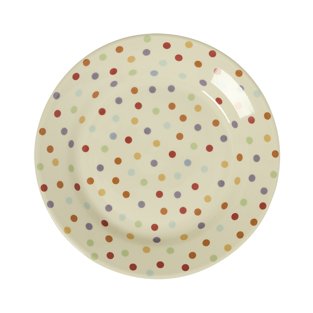 Round ceramic plate with multicolored polka dot pattern on a white background