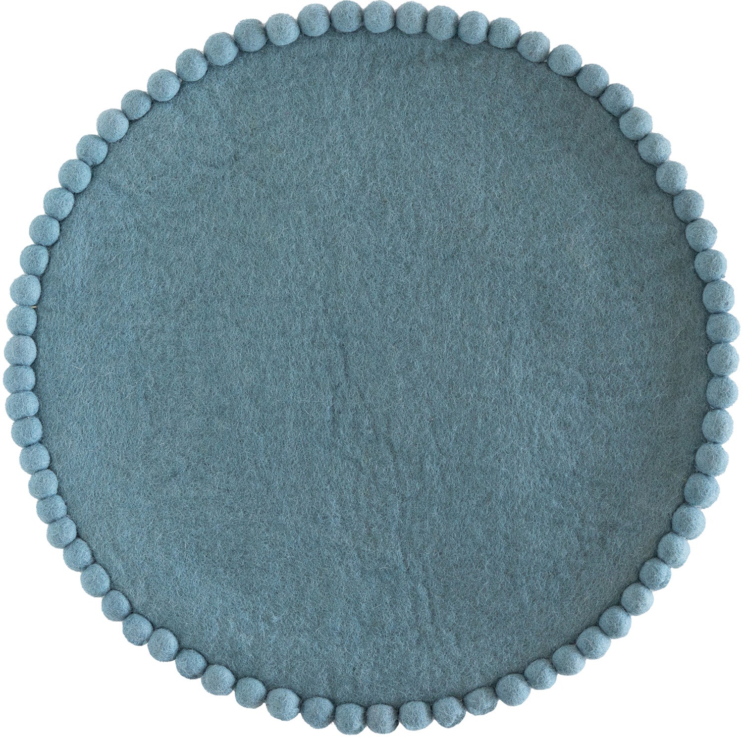 Cornflower Blue colored round felt placemat with small pom poms around the edge. 