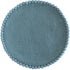 Cornflower Blue colored round felt placemat with small pom poms around the edge. 