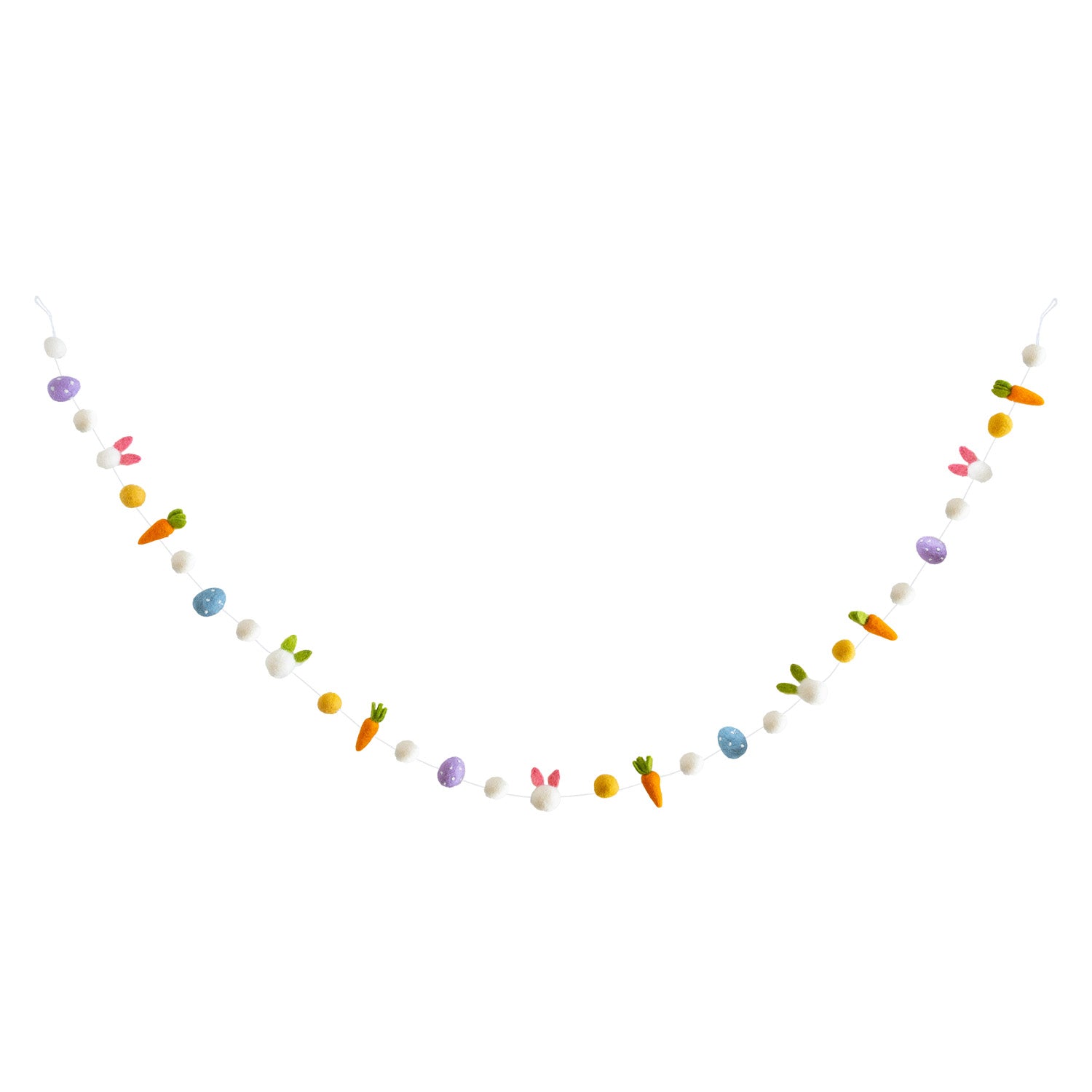 Felt garland with bunnies, carrots and eggs on it. 