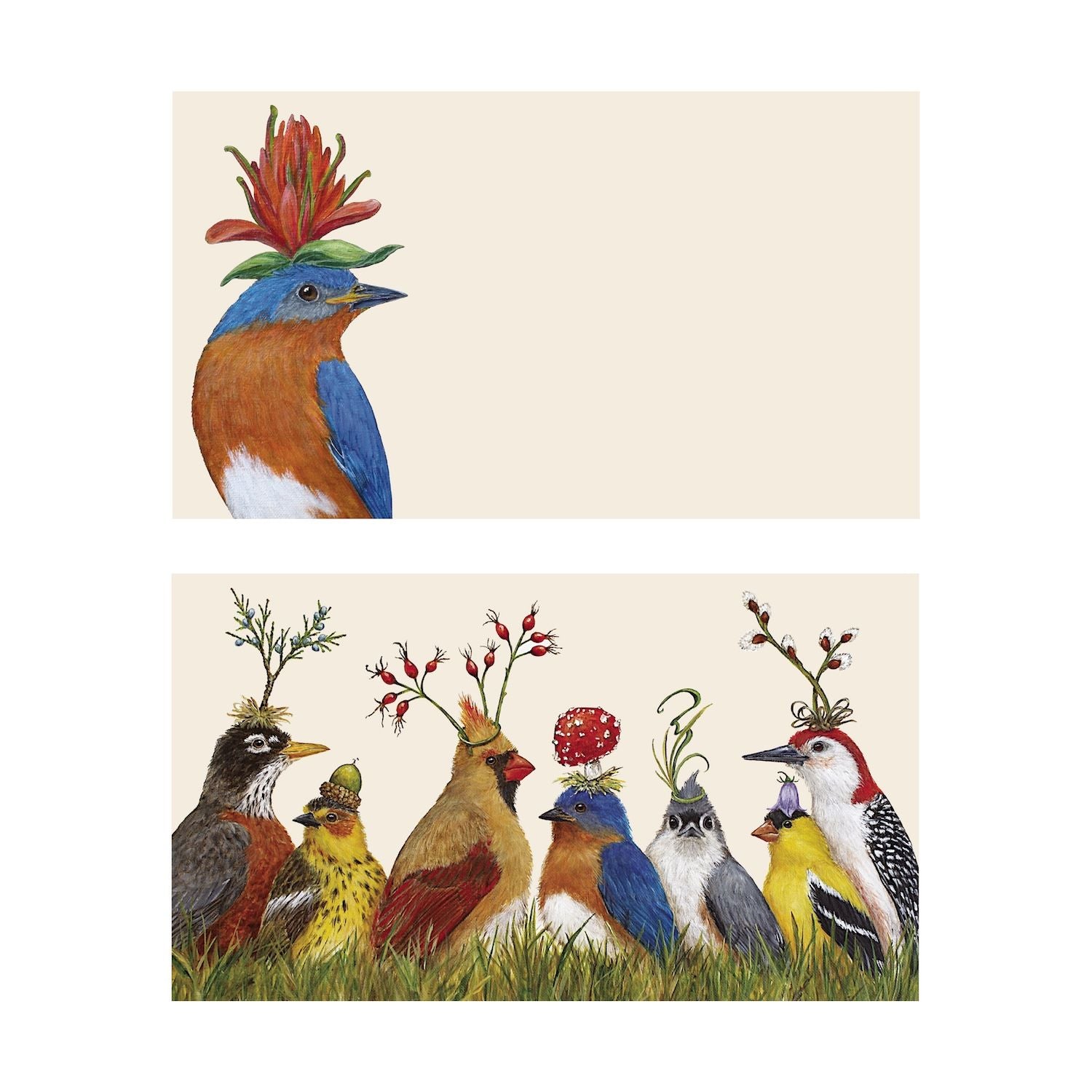 Two illustrated note card designs on a cream background. The top card shows a bluebird wearing a large red flower as a hat. The bottom card features a gathering of seven different songbirds, including a cardinal, robin, and woodpecker, all standing in green grass and wearing whimsical hats made of berries, acorns, twigs, and mushrooms.