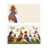 Two illustrated note card designs on a cream background. The top card shows a bluebird wearing a large red flower as a hat. The bottom card features a gathering of seven different songbirds, including a cardinal, robin, and woodpecker, all standing in green grass and wearing whimsical hats made of berries, acorns, twigs, and mushrooms.