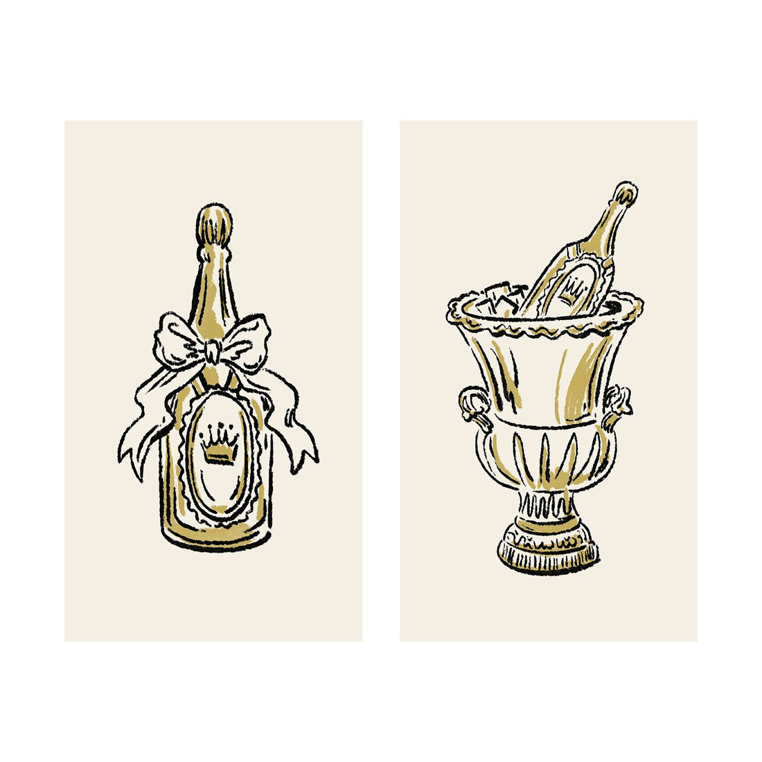 Two illustrated note card designs on a cream background, oriented vertically. The left card features a black and gold sketchy illustration of a champagne bottle tied with a large decorative bow. The right card showcases a matching black and gold sketch of a champagne bottle resting inside an ornate, ice-filled champagne bucket.