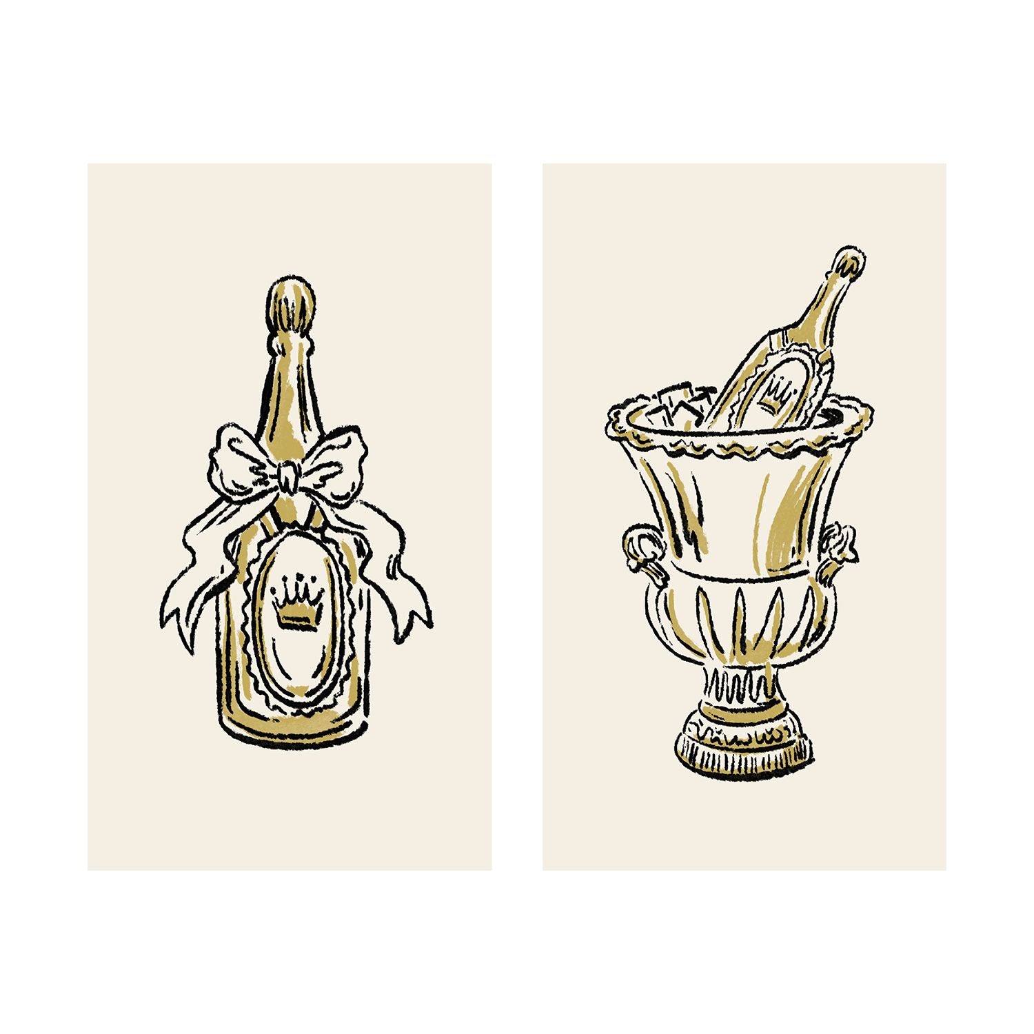 Two illustrated note card designs on a cream background, oriented vertically. The left card features a black and gold sketchy illustration of a champagne bottle tied with a large decorative bow. The right card showcases a matching black and gold sketch of a champagne bottle resting inside an ornate, ice-filled champagne bucket.