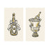 Two illustrated note card designs on a cream background, oriented vertically. The left card features a black and gold sketchy illustration of a champagne bottle tied with a large decorative bow. The right card showcases a matching black and gold sketch of a champagne bottle resting inside an ornate, ice-filled champagne bucket.