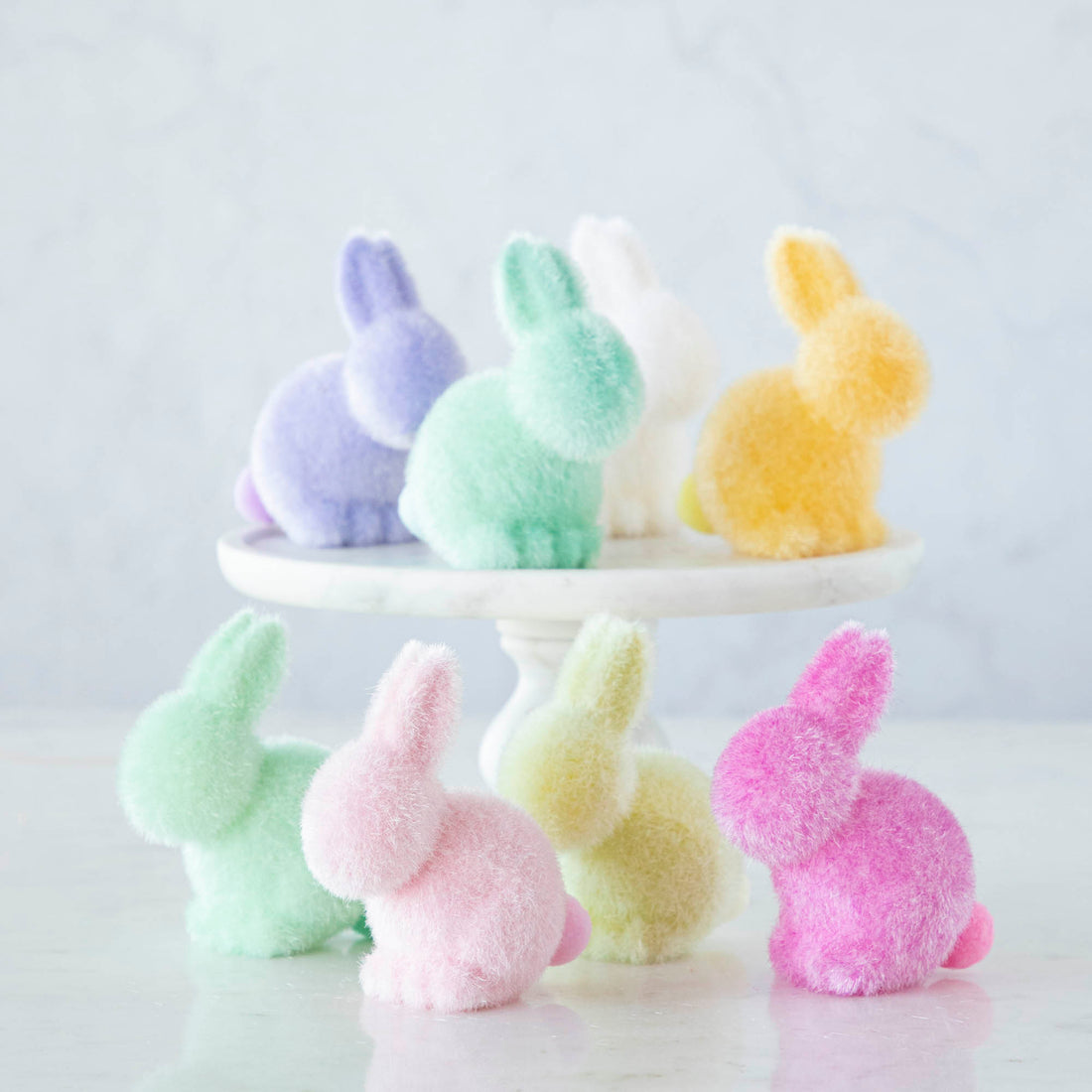 Small Flocked Pastel Seated Bunny w/ Pom Pom Tail