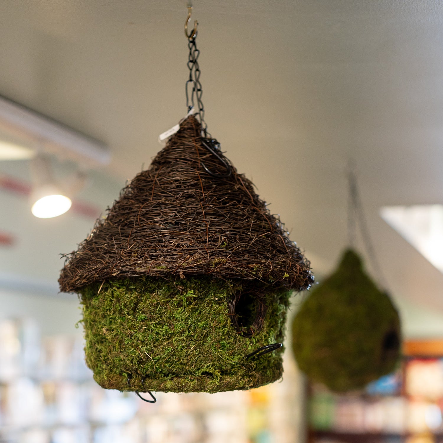 Bungalow Bird House hanging from the ceiling.