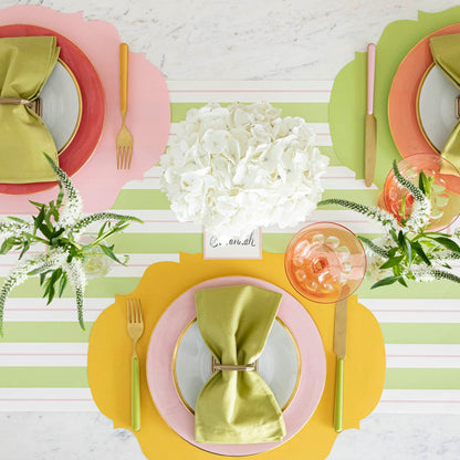 Green &amp; Pink Awning Stripe Runner styled under a colorful table setting for three.