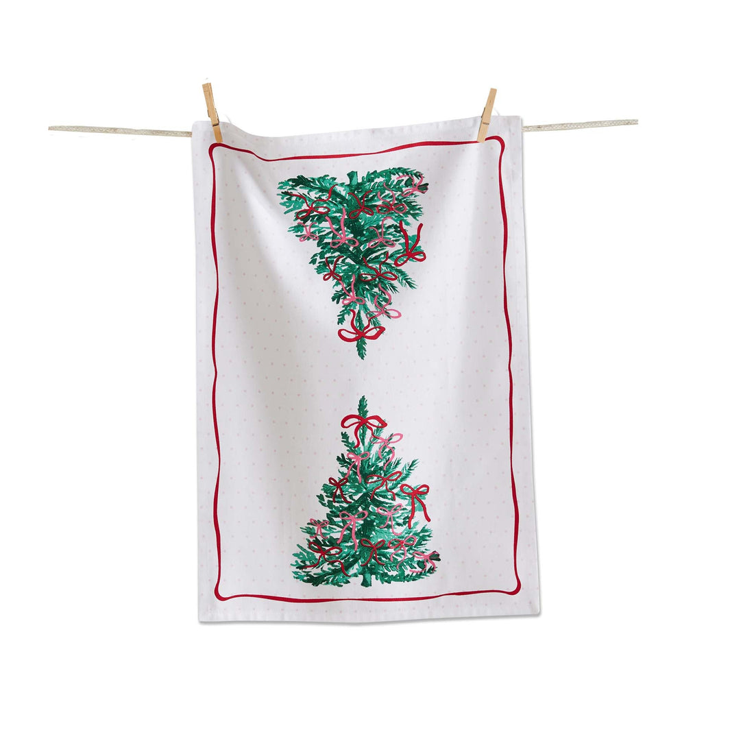 A festive and cheerful dishtowel adorned with pink bows and Christmas trees.