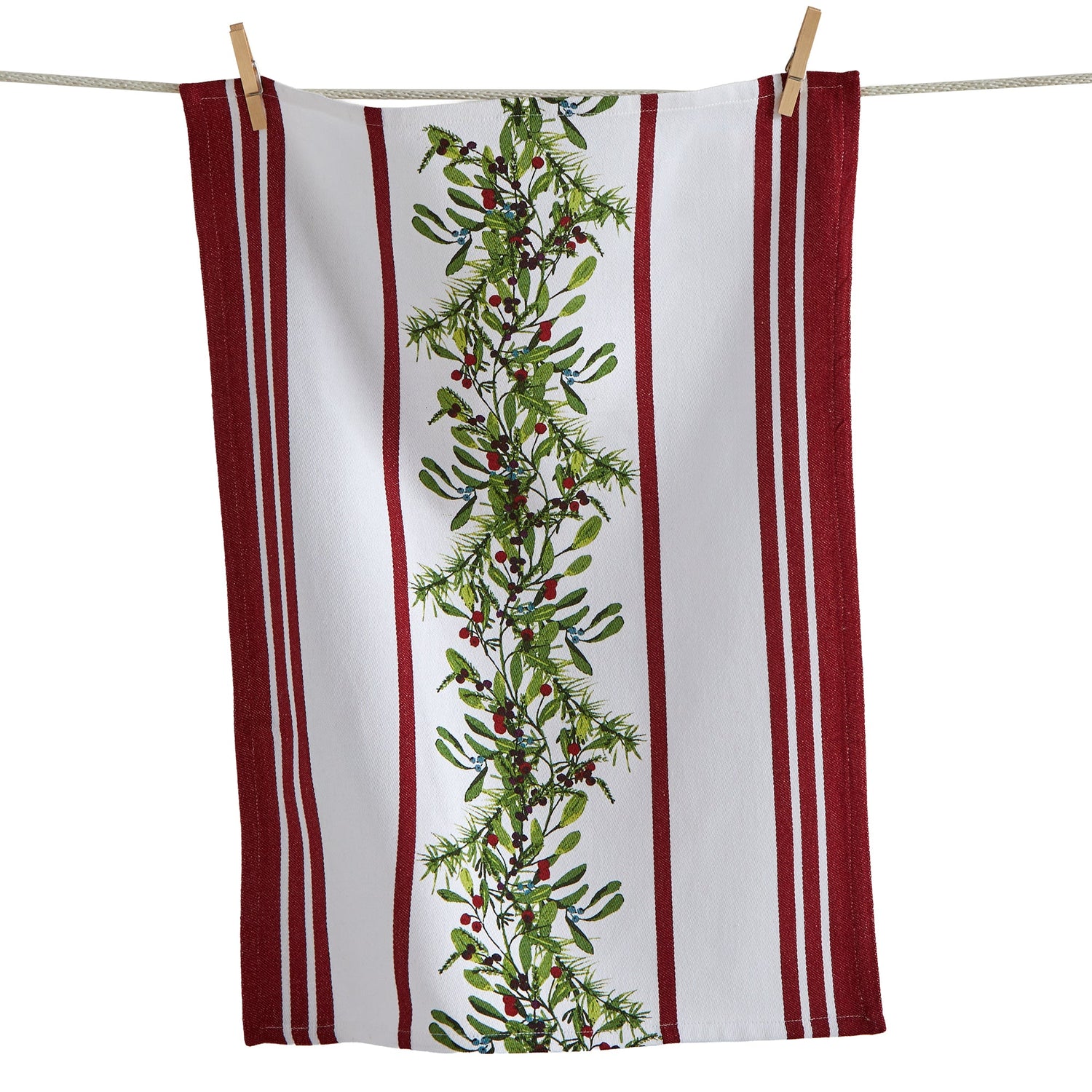 Striped towel with green mistletoe pattern hanging on a line
