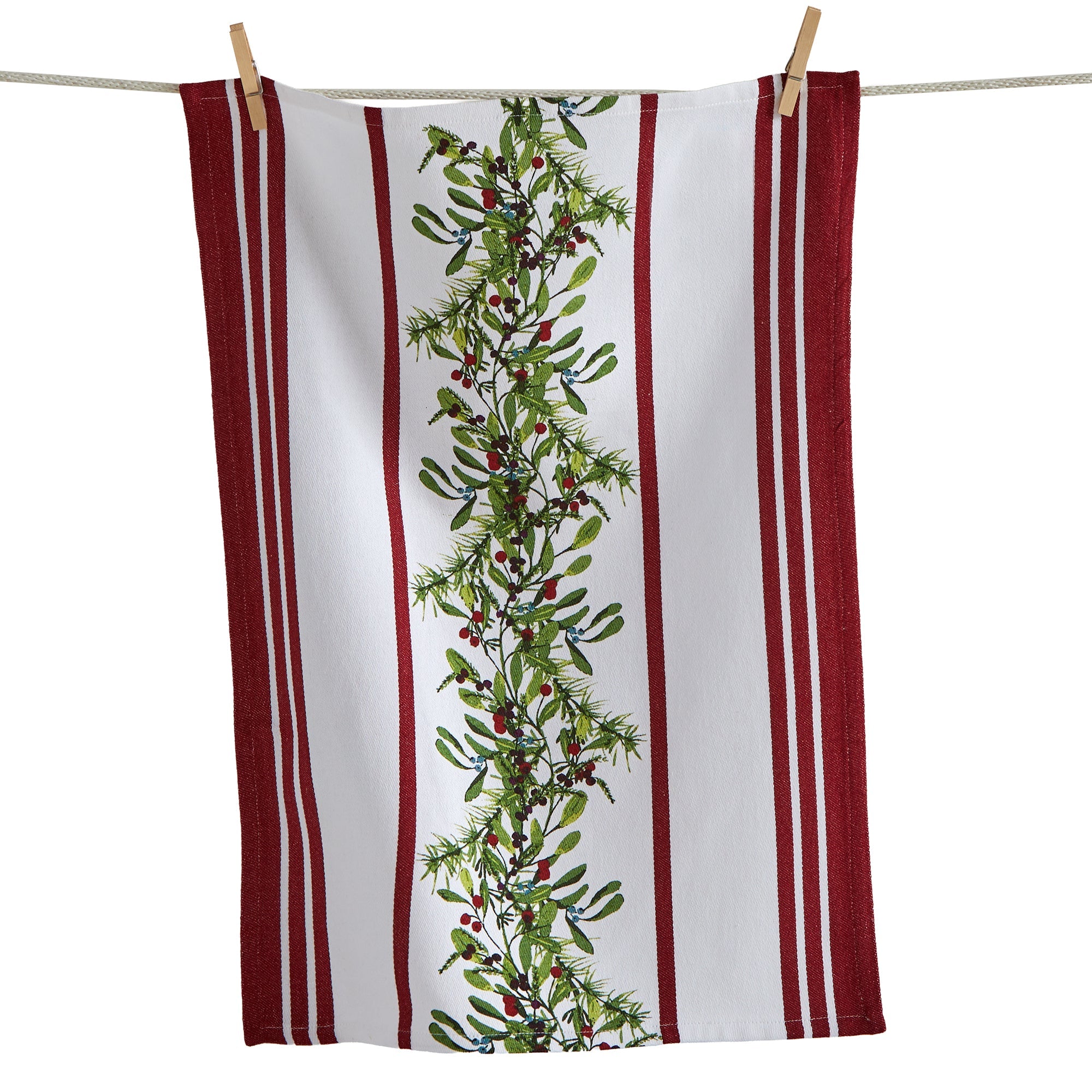 Striped towel with green mistletoe pattern hanging on a line