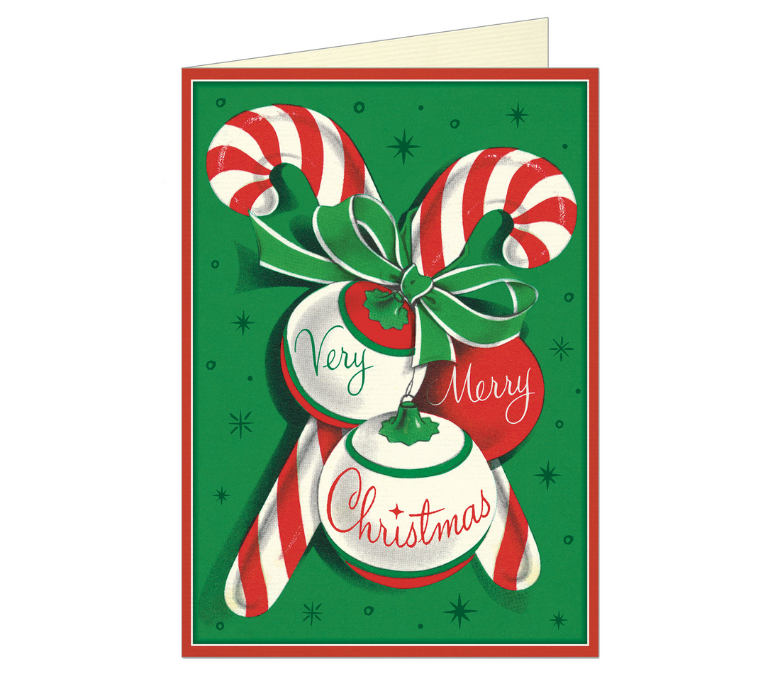 A greeting card with 2 candy canes crossed with a bow around one, and three ornaments with the words &quot;Very&quot;, &quot;Merry&quot; and &quot;Christmas&quot; on them. 