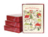 A red box with glittered Christmas Village Boxed Set Cards by Cavallini Papers & Co. for Christmas greetings in it.