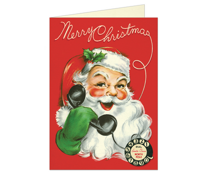 Greeting card with vintage image of Santa holding a telephone with Merry Christmas at the top. 