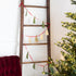 A garland of shaped evergreen trees tied to a wooden ladder next to a lit Christmas tree.