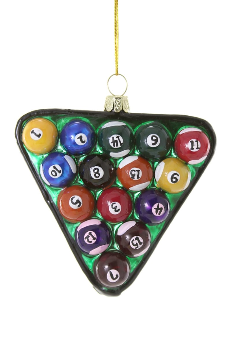 Glass ornament shaped like billiard balls racked up. 