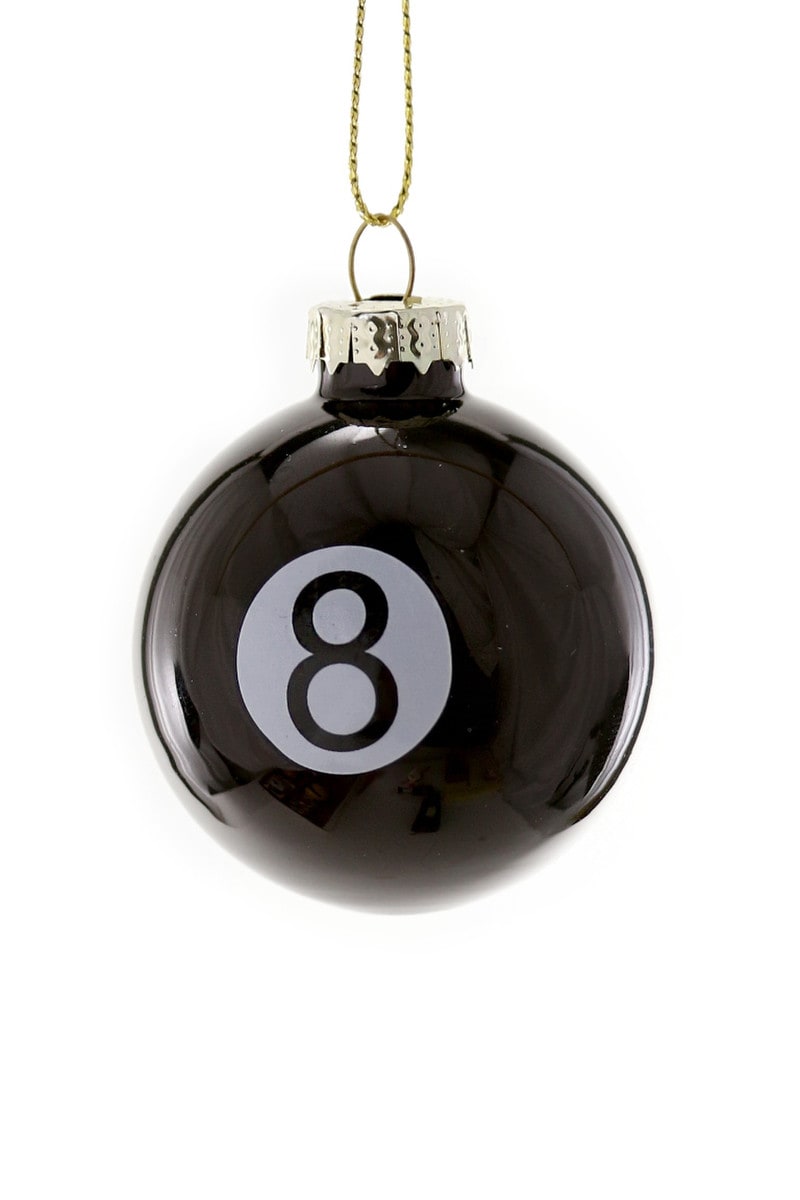 Ornament shaped like an 8 ball pool ball.