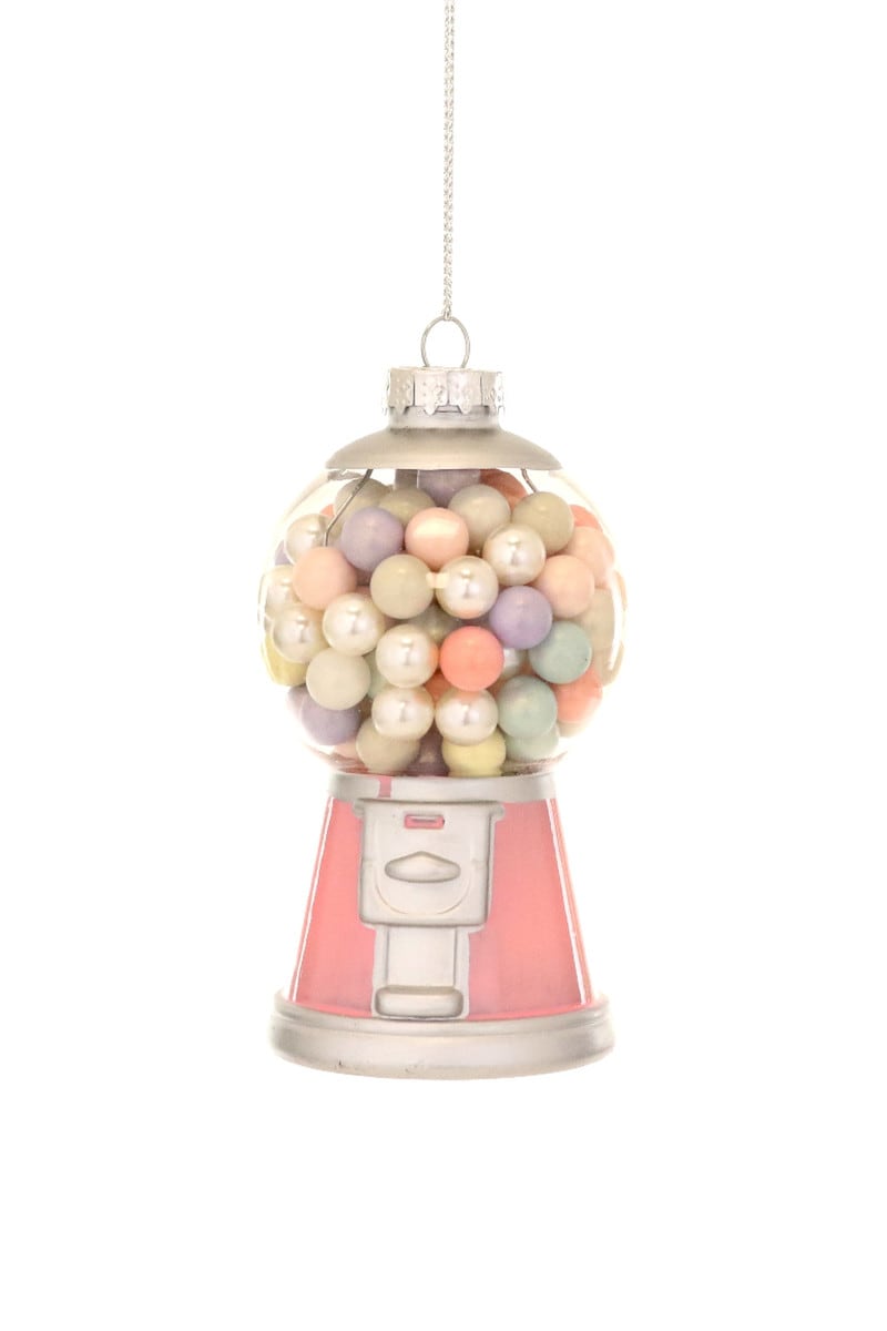 Decorative gumball machine ornament with pastel-colored gumballs on a white background.