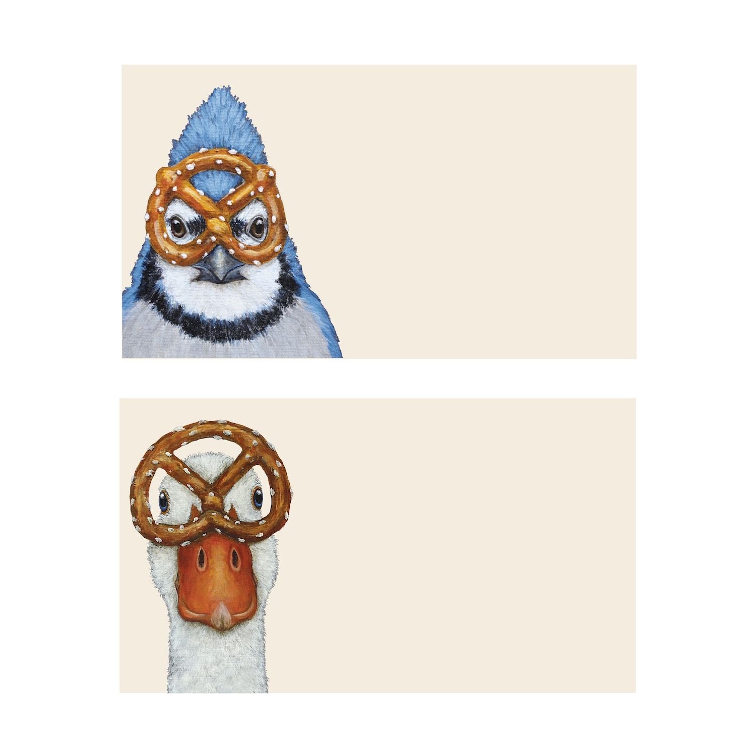 Two illustrated note card designs on a cream background. The top card shows the close-up face of a blue jay wearing a large, salted twist pretzel over its eyes like a pair of glasses. The bottom card features a white goose looking straight ahead, also wearing a matching salted twist pretzel as playful eyewear.